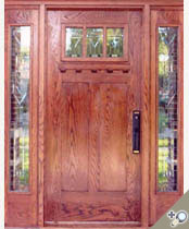 C403 / S01 Red Oak Entrance Unit with insulated stained glass. Shown with craftsman shelf.